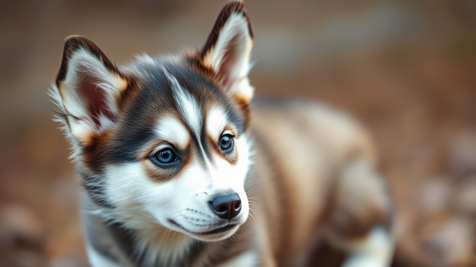 Cute husky puppy resting on the ground in a park during early afternoon